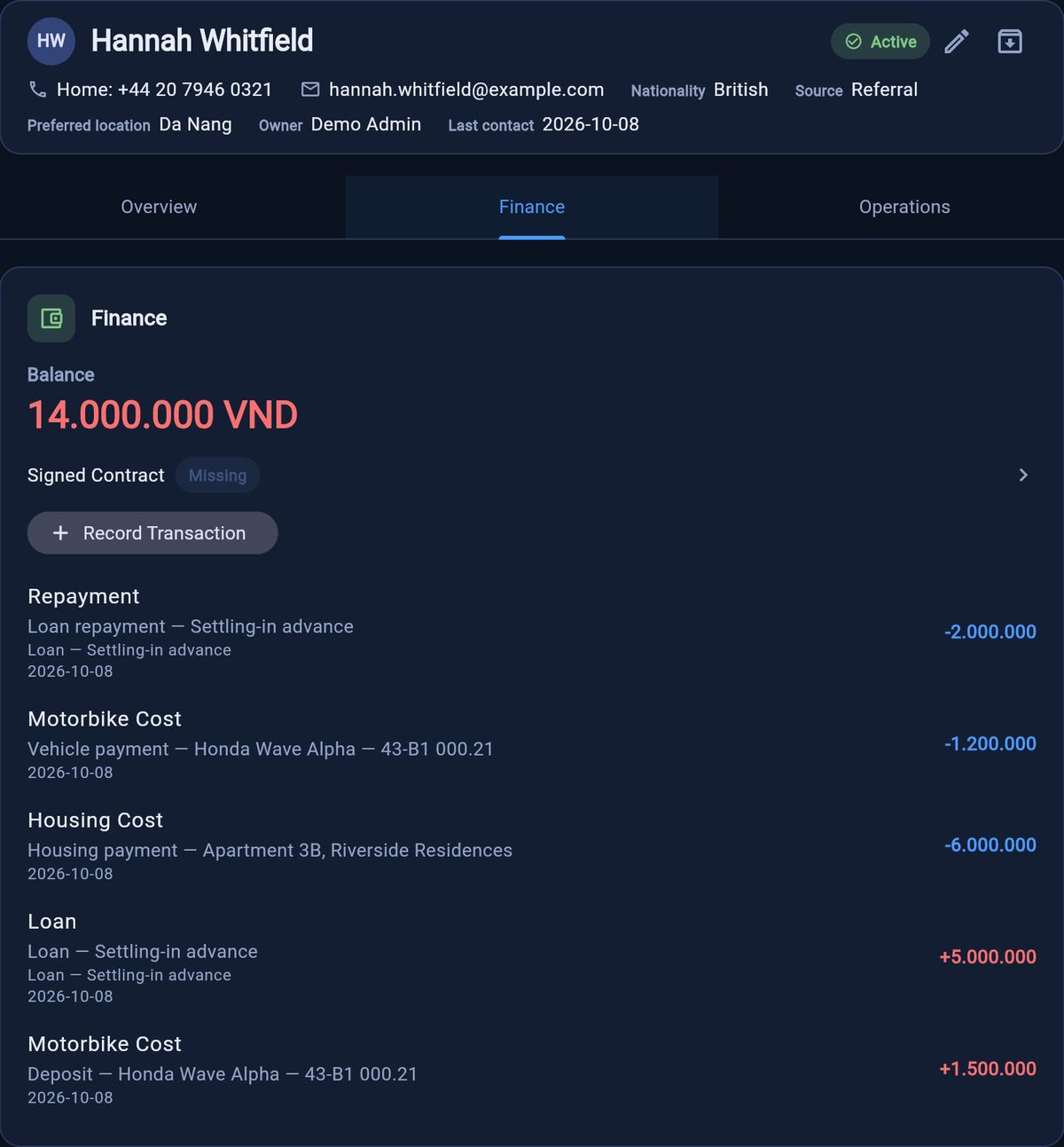 A fictional client's Finance tab in RecruitHub: a balance of 14,000,000 VND and recent entries for a loan repayment, motorbike and housing payments, a loan and a motorbike deposit